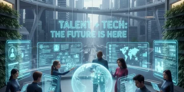 Futuristic office with diverse team and tech, representing evolving talent acquisition trends 2026.