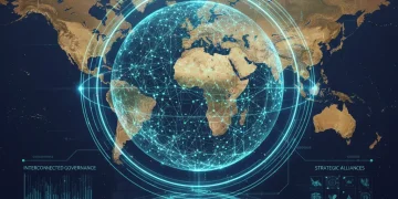 Global AI regulation network with interconnected digital lines and glowing nodes