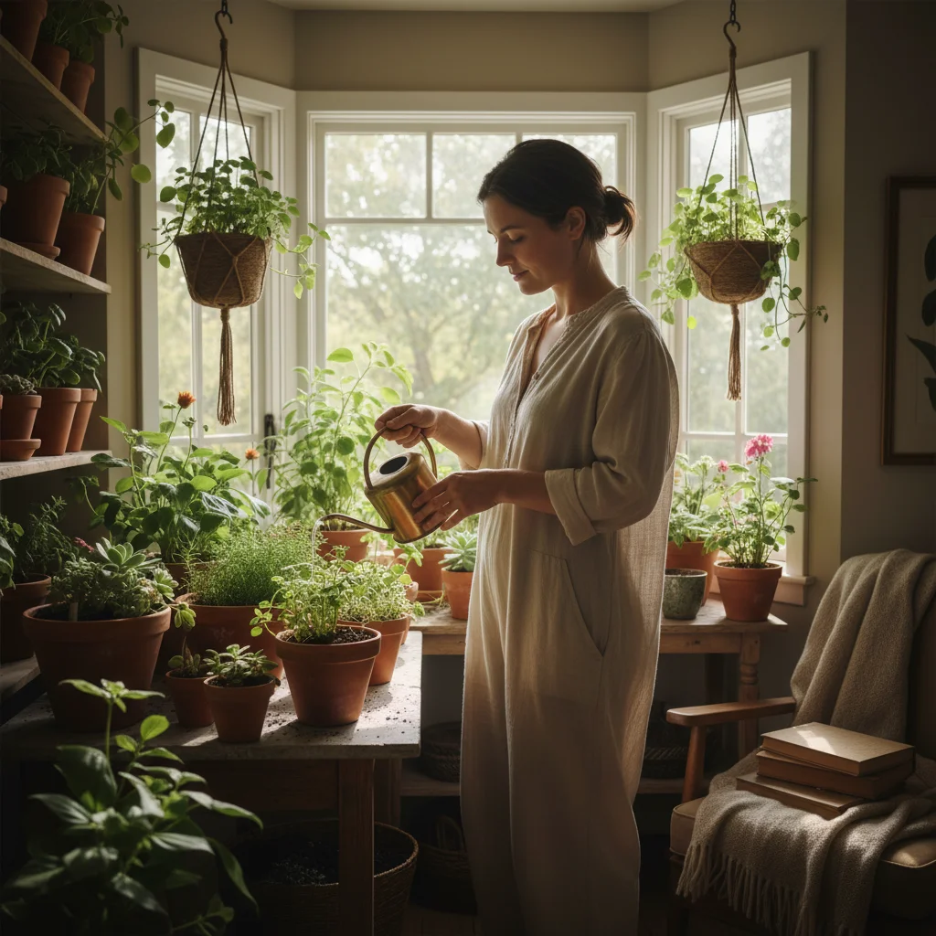 Person caring for an indoor plant, symbolizing nature connection and therapeutic benefits.