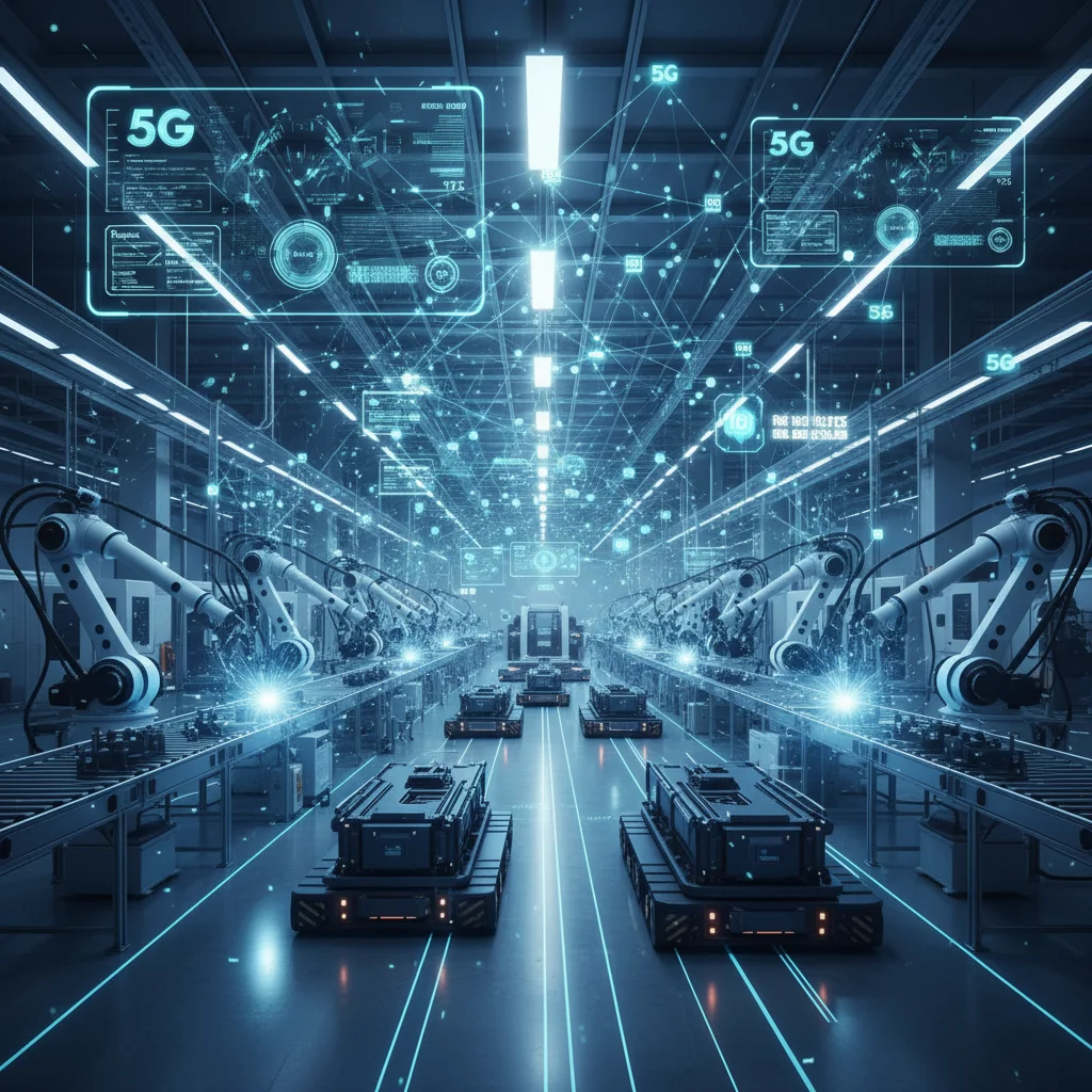 Automated factory floor with robotic arms and machinery, showcasing 5G-powered industrial IoT for enhanced efficiency.