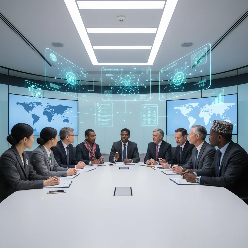 International team strategizing AI compliance and global cooperation