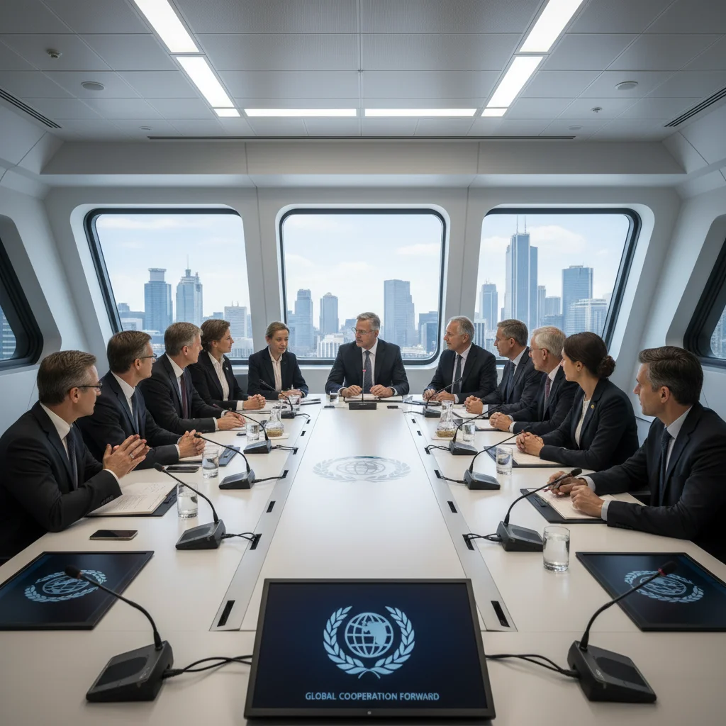 International delegates discussing global issues at a multilateral summit