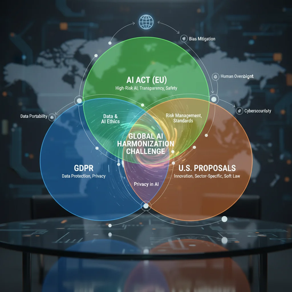 Overlapping global AI regulatory frameworks showing complexity