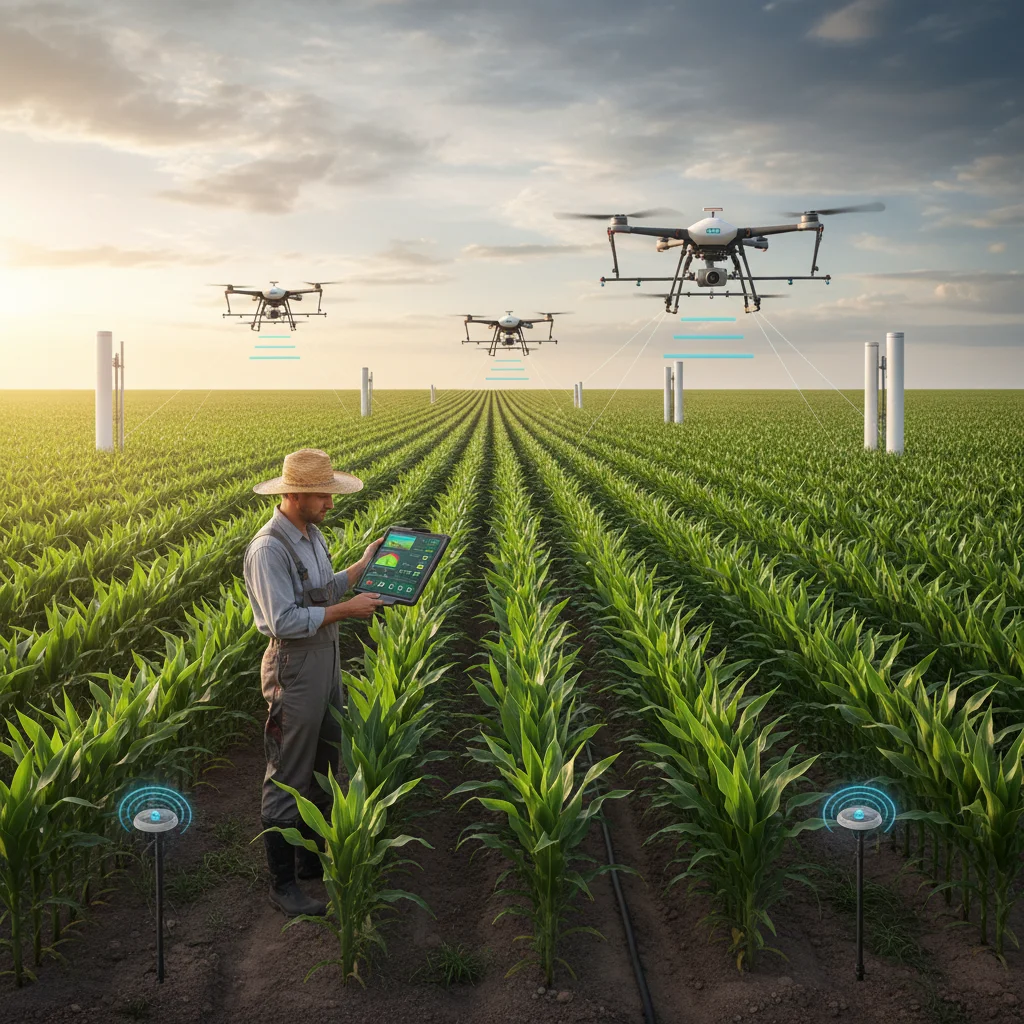 Farmer monitoring smart sensors and drones in a field, demonstrating 5G and IoT in precision agriculture for optimized yields.
