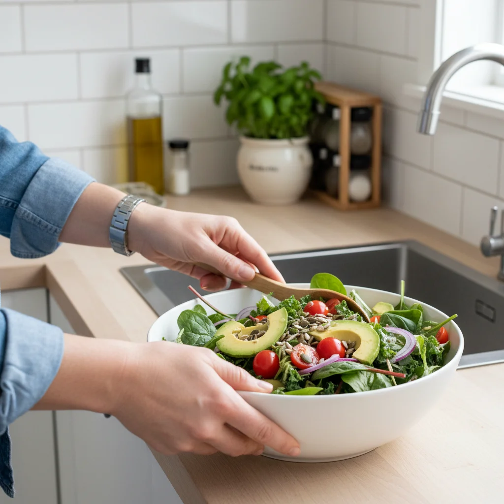 Person preparing a healthy anti-inflammatory salad in a modern kitchen.