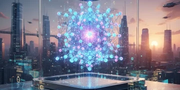 Quantum computing network illuminating a futuristic US city, symbolizing business innovation.