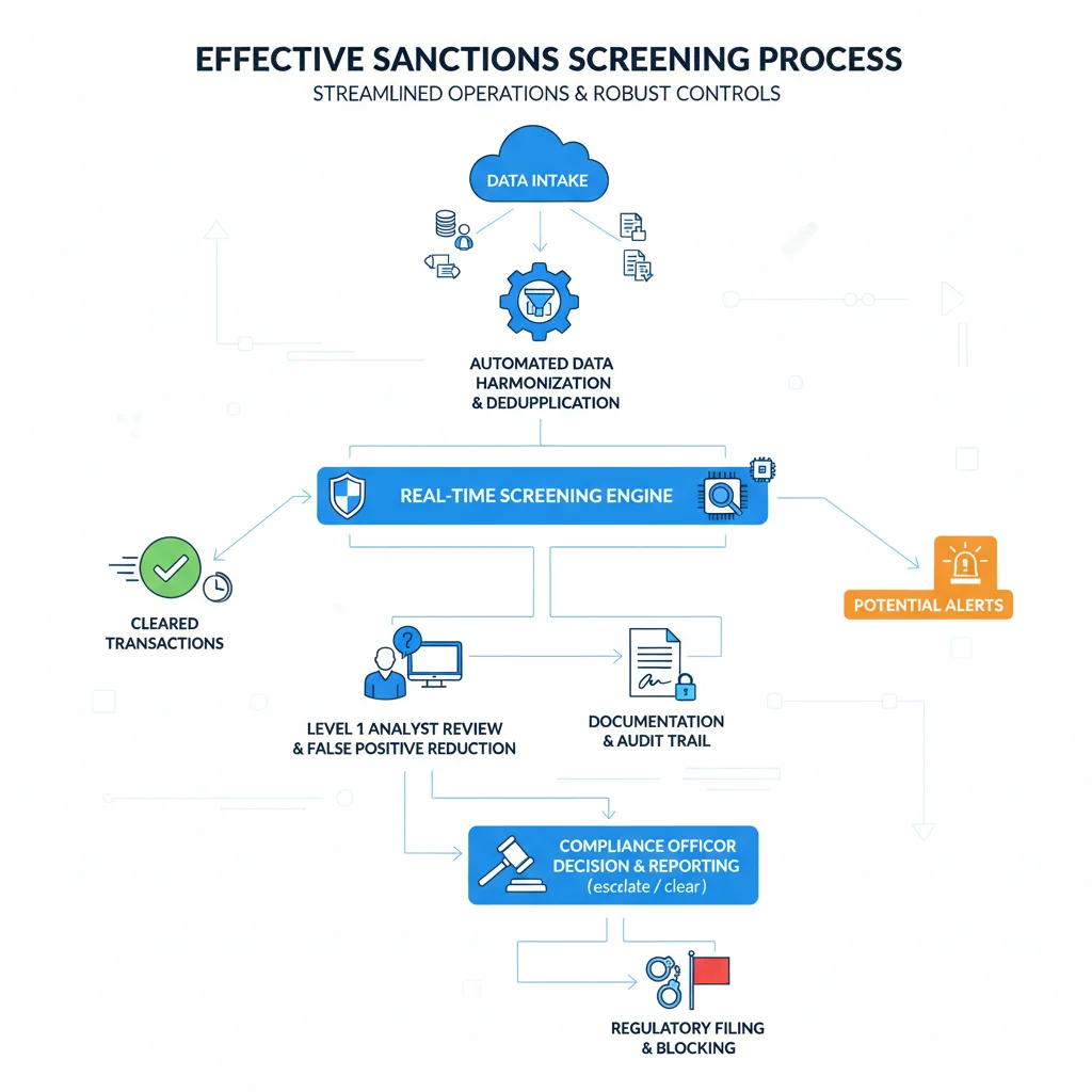 Flowchart depicting an efficient sanctions screening process