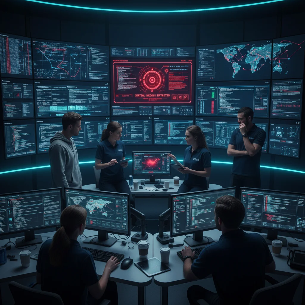 Cybersecurity team analyzing real-time threat intelligence in a security operations center