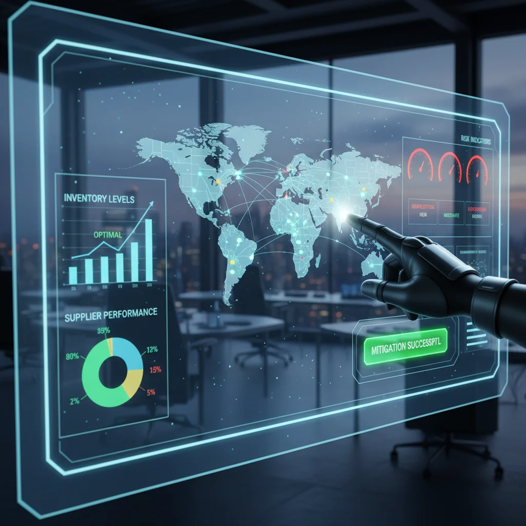 Real-time supply chain analytics dashboard showing key performance indicators and risk mitigation status.