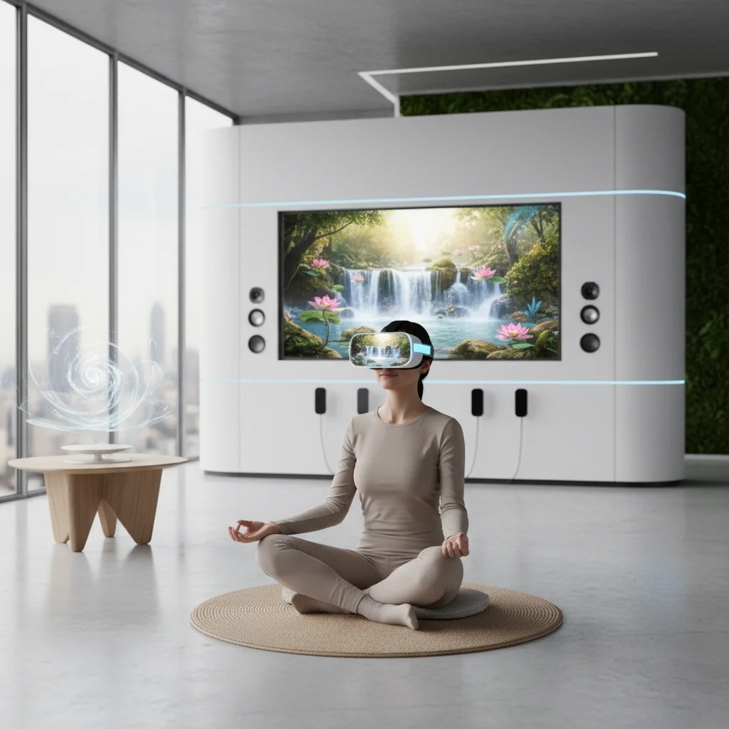 Individual engaging in VR guided meditation for stress relief.