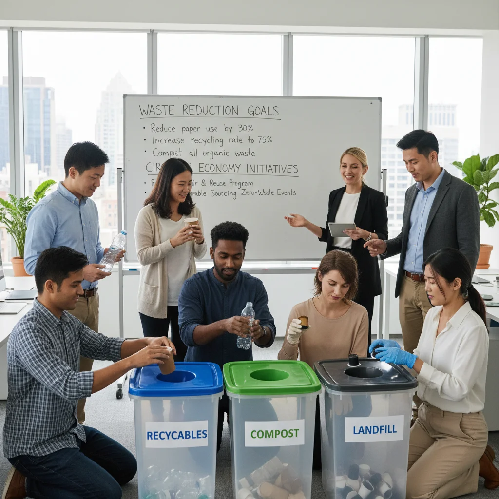 Employees engaged in waste reduction and recycling workshop